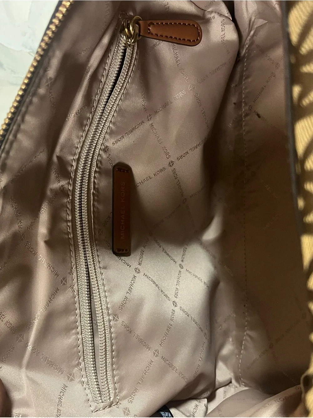 Michael Kors Brown MK Logo Satchel with Striped Yellow-Brown Shoulder Strap